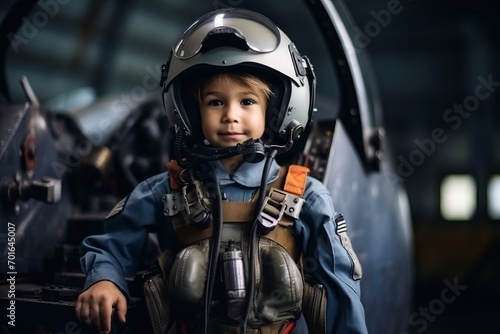 Portrait of a cute little boy dressed as a pilot in an airplane. © Nerea