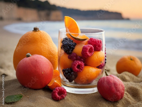 Merenda a base di frutta estiva in riva al mare: lamponi, more e arance