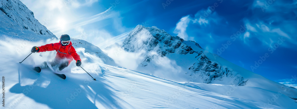 Alpine Skier in action on a sunny mountain slope, Ski resorts, off-piste and an active winter holiday.
