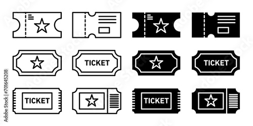 movie tickets vector icon set. travel trip flight plane ticket sign. event theatre cinema line pass symbol. vip voucher icon. park entry pass. train or airplane tickets. photo
