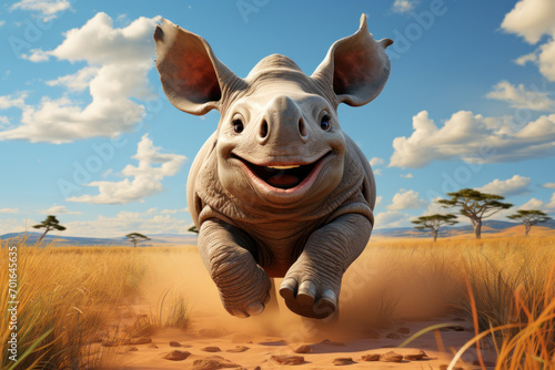 Cartoon cute rhino in nature. Illustration, AI Generative © Uliana