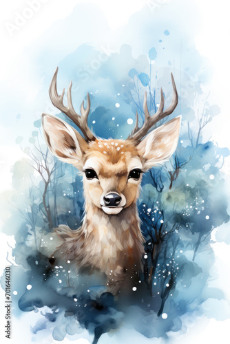 Cute baby deer cartoon in watercolor style. AI Generative