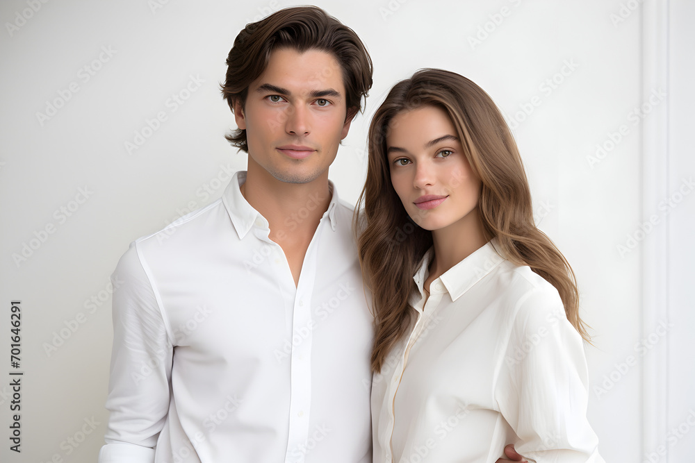 Portrait of a young couple in white shirts, isolated on white background Portrait of a young couple in white shirts, isolated on white background