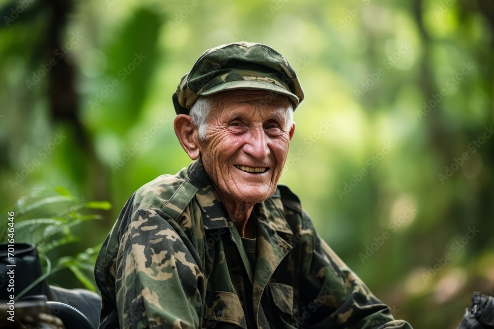 Portrait of an elderly soldier sitting on a motorcycle in the forest