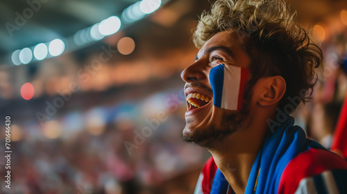 French soccer fan cheering and supporting the French national team in the stadium with flag makeup on his face.
 photo