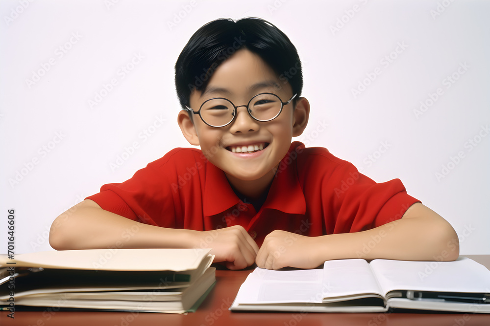 Happy asian boy doing his homework isolated on white background with clipping path Happy asian boy doing his homework isolated on white background with clipping path