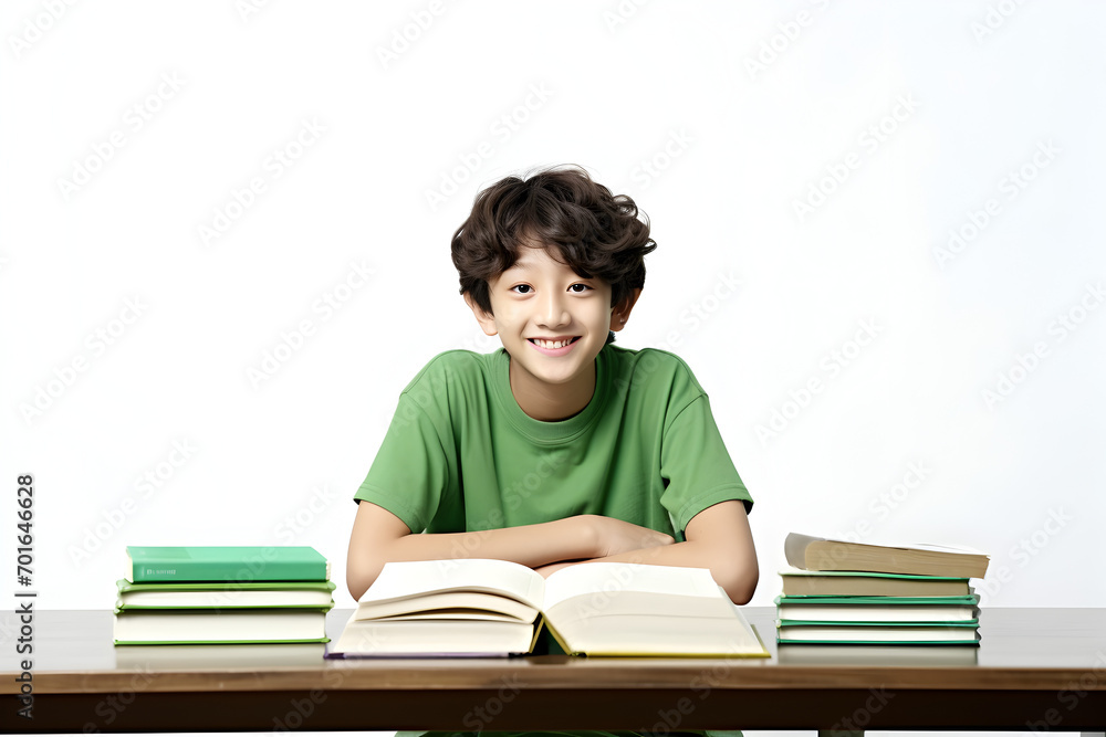 Happy asian boy doing his homework isolated on white background with clipping path Happy asian boy doing his homework isolated on white background with clipping path