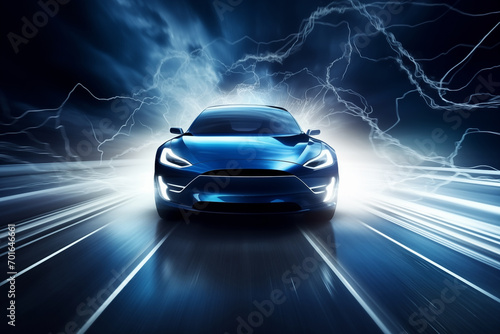 Electric car with lightning from wheels on the road at night. Electricity power symbol