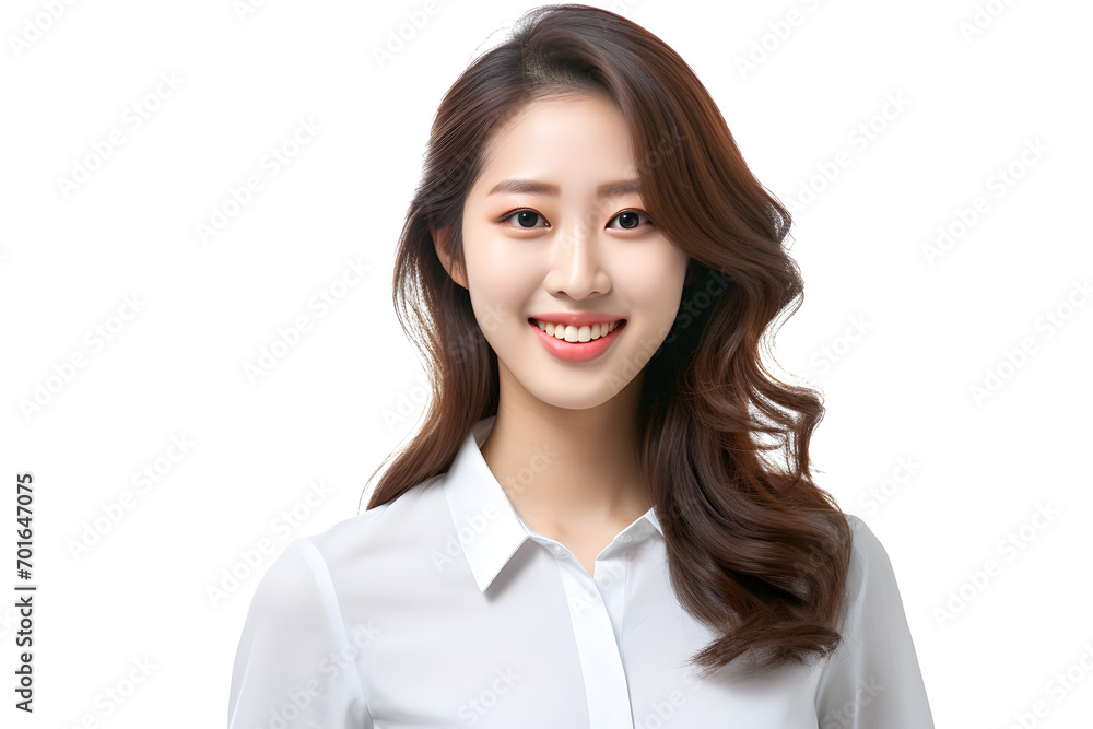 Young asian businesswoman smiling and looking at camera isolated on white background Young asian businesswoman smiling and looking at camera isolated on white background