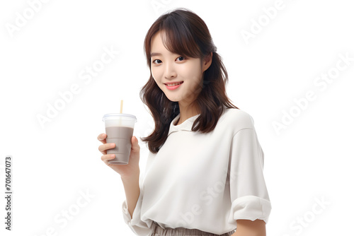 Young asian woman holding a paper cup of coffee isolated on white background