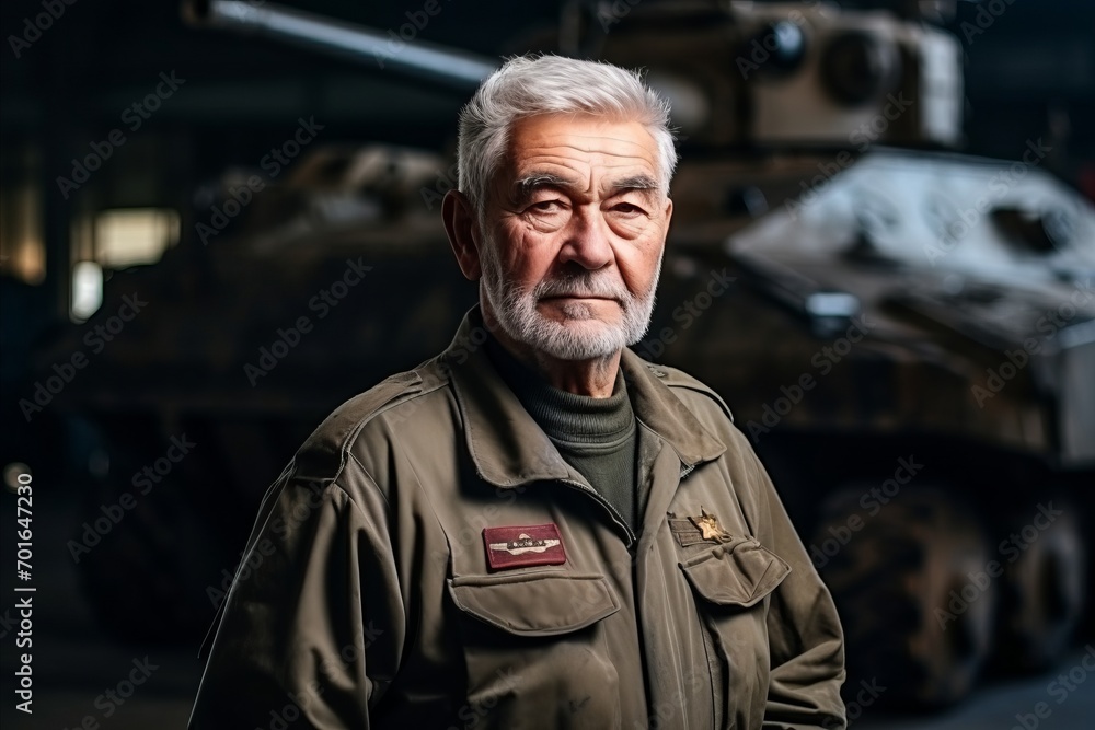 Portrait of an old soldier with a tank in the background.