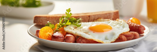 fried eggs with sausage in a white plate, close up