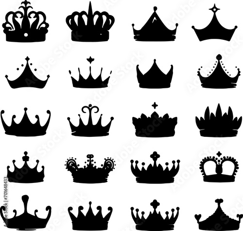 Set of king crowns and icon on white background, royal symbols, Crown icons set, Collection of crown silhouette.