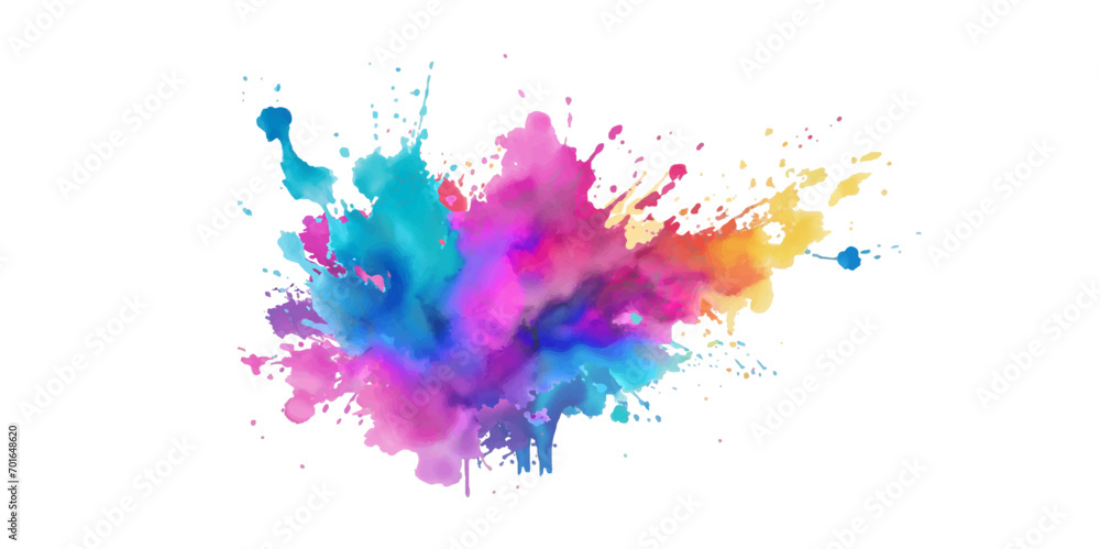 Bright colorful watercolor splash splatter stain brush strokes on white background. Modern vibrant aquarelle spot. Rainbow trendy isolated design on white. Element. Vector watercolor illustration.