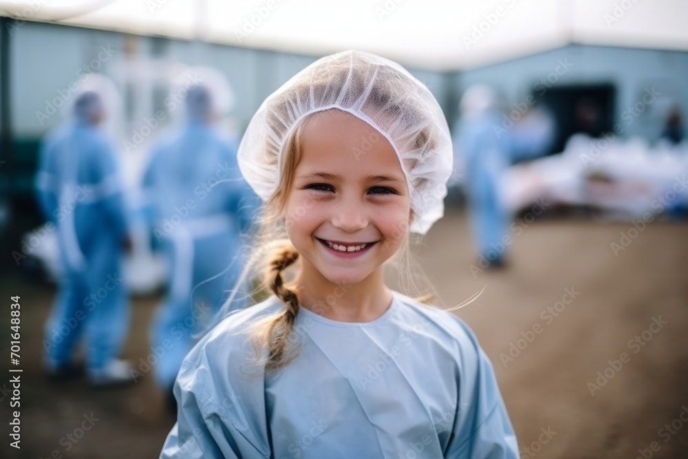 Portrait of a happy little girl in a veterinary clinic with a team in the background