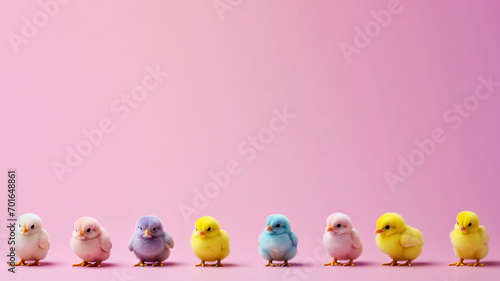 A row of colourful Easter chicks, Easter / spring background with copy space for text