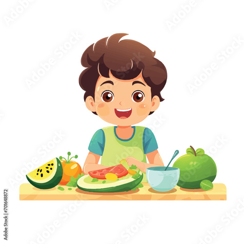 Happy cute kid boy eat healthy food Illustration vector