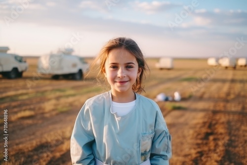 portrait of a beautiful little girl in the field with camper