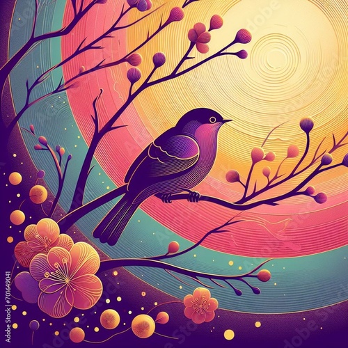 Beautiful golden lines outline red, pink, purple, yellow flowers and bird