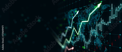 Growing upward arrows, map and forex chart on wide dark background. Global trends, trading and finance concept. Mock, up. 3D Rendering. photo