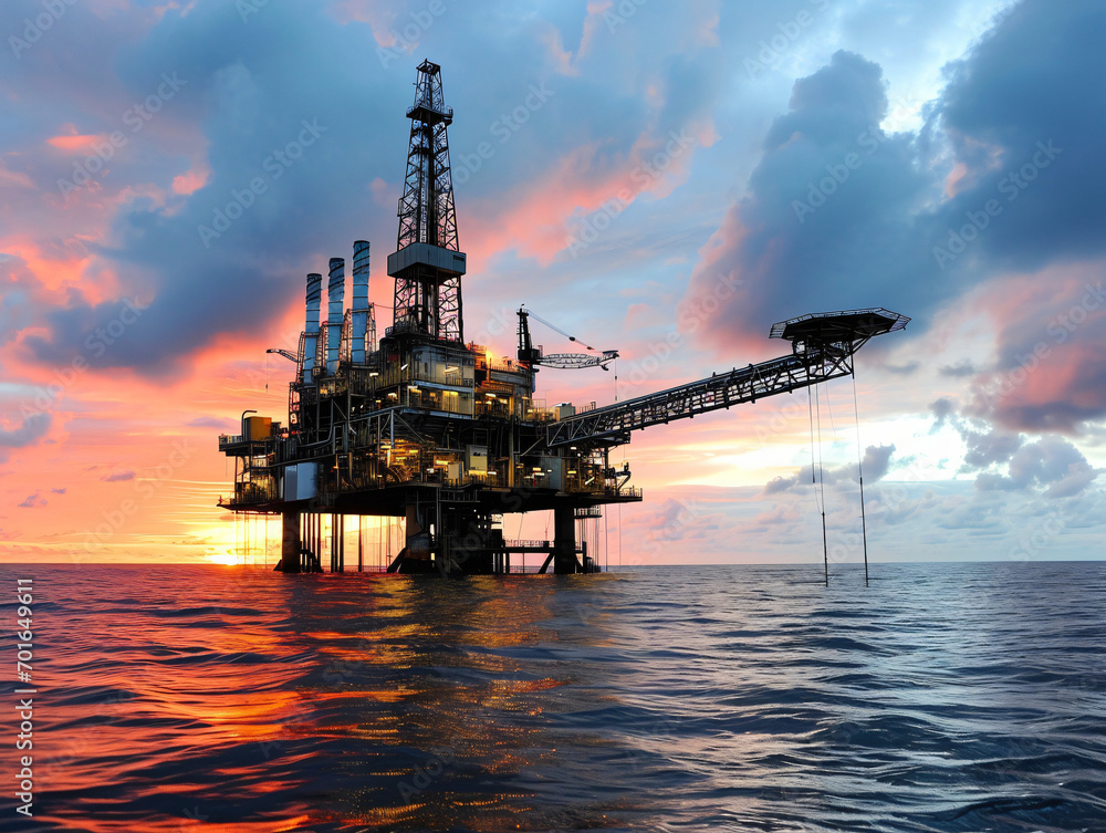 Offshore Oil rig platform with sunset background