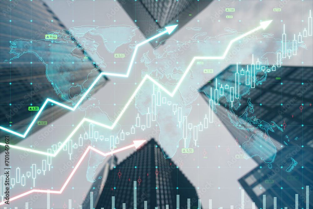 Creative growing upward chart, map, arrows and forex graph on blurry city background. Global trends, real estate, trading and finance concept. Double exposure. - obrazy, fototapety, plakaty 