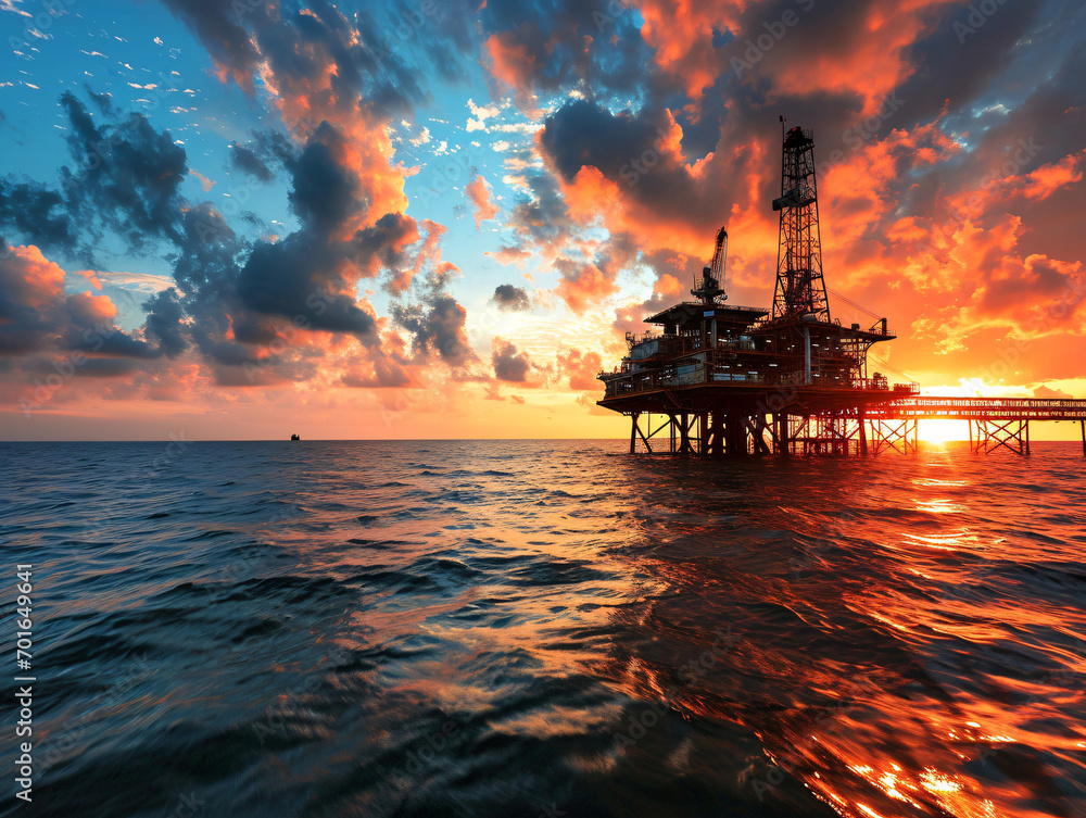 Offshore Oil rig platform with sunset background