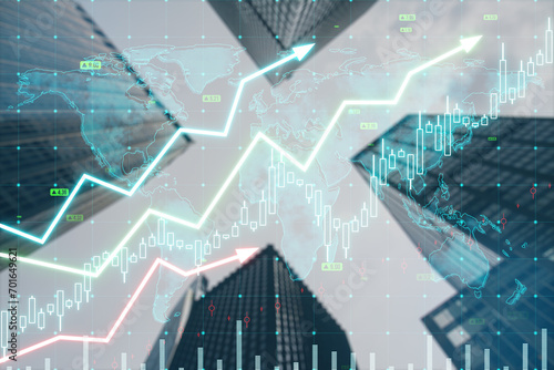 Creative growing upward chart, map, arrows and forex graph on blurry city background. Global trends, real estate, trading and finance concept. Double exposure.