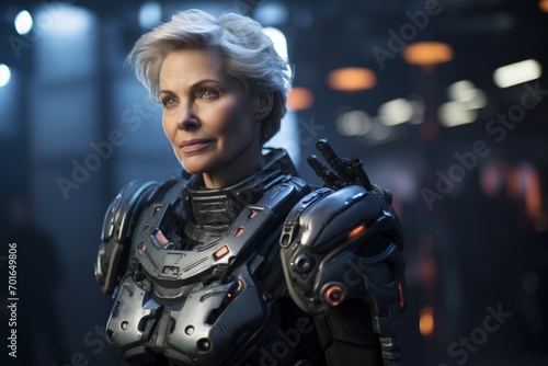 Portrait of a mature female cyborg looking at the camera with a serious expression on her face