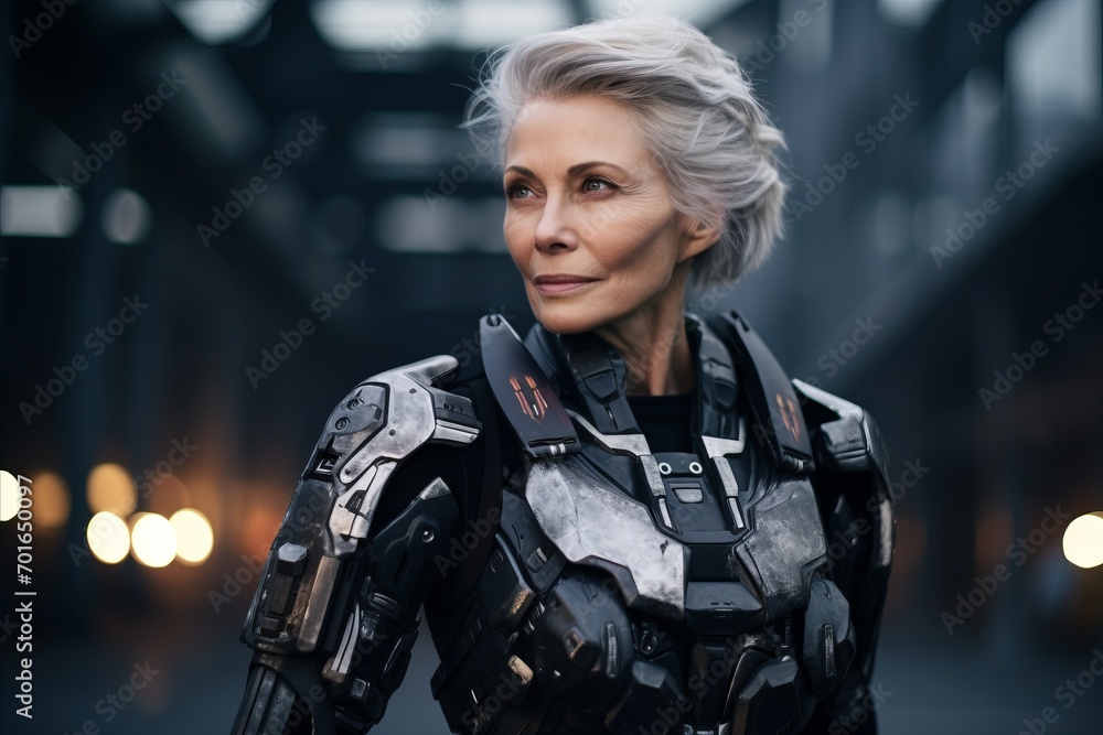 Portrait of a beautiful mature woman standing in a futuristic space suit Portrait of a beautiful mature woman standing in a futuristic space suit