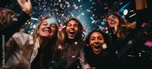 Joyful group of friends celebrating at party with confetti. Celebration and nightlife.