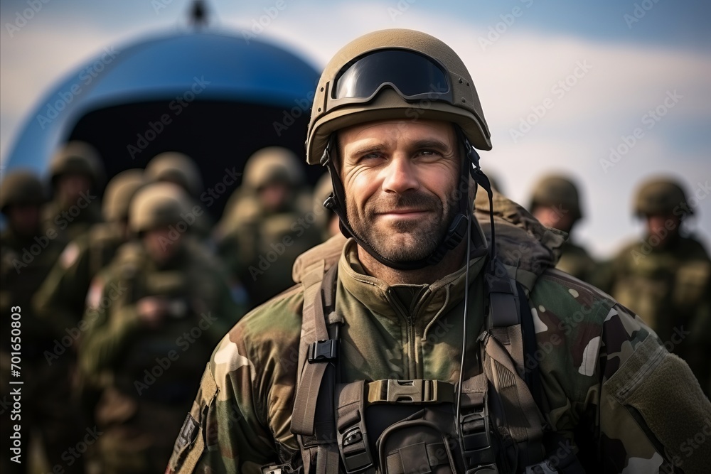 Portrait of a soldier on the background of a military helicopter.