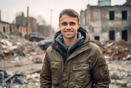 Portrait of a young man in a jacket standing in front of a destroyed building © Nerea