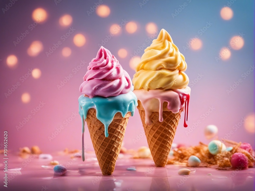 Two colorful ice cream cones. Two colorful ice cream cones.
