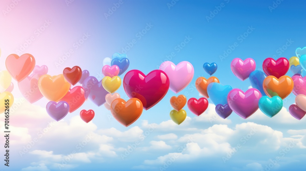 Colorful heart shaped balloons flying high on blue sky background. Generate AI image