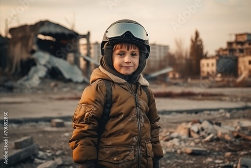 Portrait of a boy in a helmet on the background of a destroyed building © Nerea