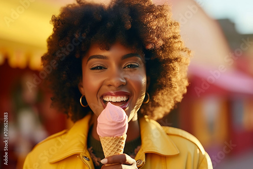  a happy smiling young girl with delicious ice cream in her hands is enjoying a sunny summer day. An African-American woman with lush curly hair eats ice cream  bright colors of summer