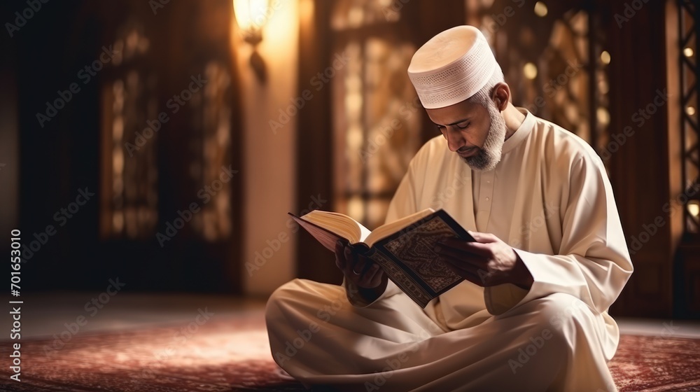 Portrait a man reading a Holy Quran in arabic text in mosque. Generate AI image - obrazy, fototapety, plakaty 