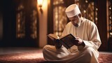 Portrait a man reading a Holy Quran in arabic text in mosque. Generate AI image