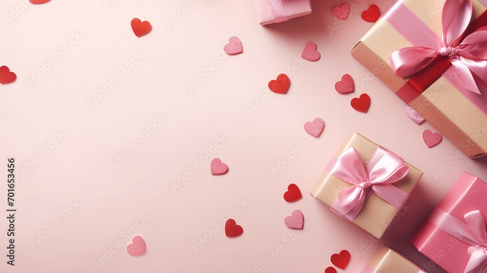 Romantic valentine day decorations with gift box red ribbon bow love colored background. Generate AI