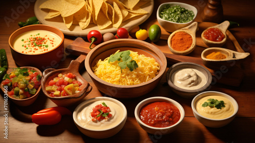 Assorted Mexican dishes with cheese sauce