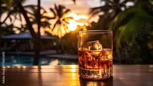 glass of whiskey at tropical island photo