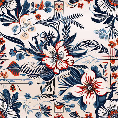 oriental ethnic traditional Japanese floral seamless carpet pattern with red and blue flowers on white background
