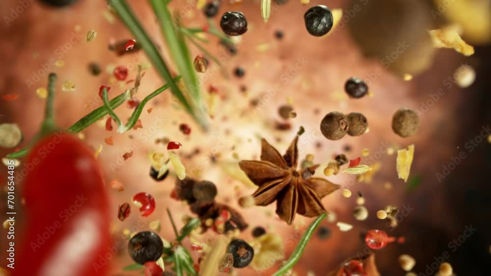 Super Slow Motion of Falling and Rotating Spices Mix. Filmed on High Speed Cinema Camera, 1000 fps.