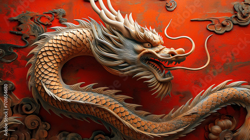 Majestic 3D Chinese dragon sculpture with intricate designs against a swirling red ornamental background
