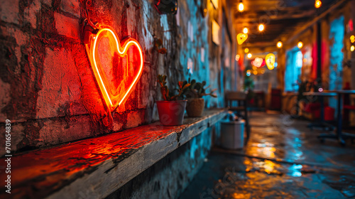 Neon heart glowing with warmth and love on a rustic brick wall, symbolizing romantic ambiance and affection