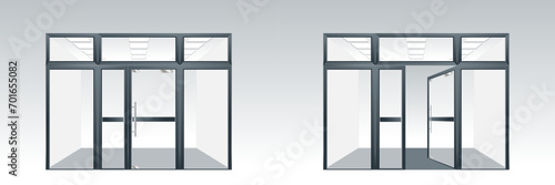 Shopping Mall Double glass doors with metal frame and handles. Vector realistic shop front mock-up of open and closed doors isolated on transparent background. Shopping mall entrance. Vector.