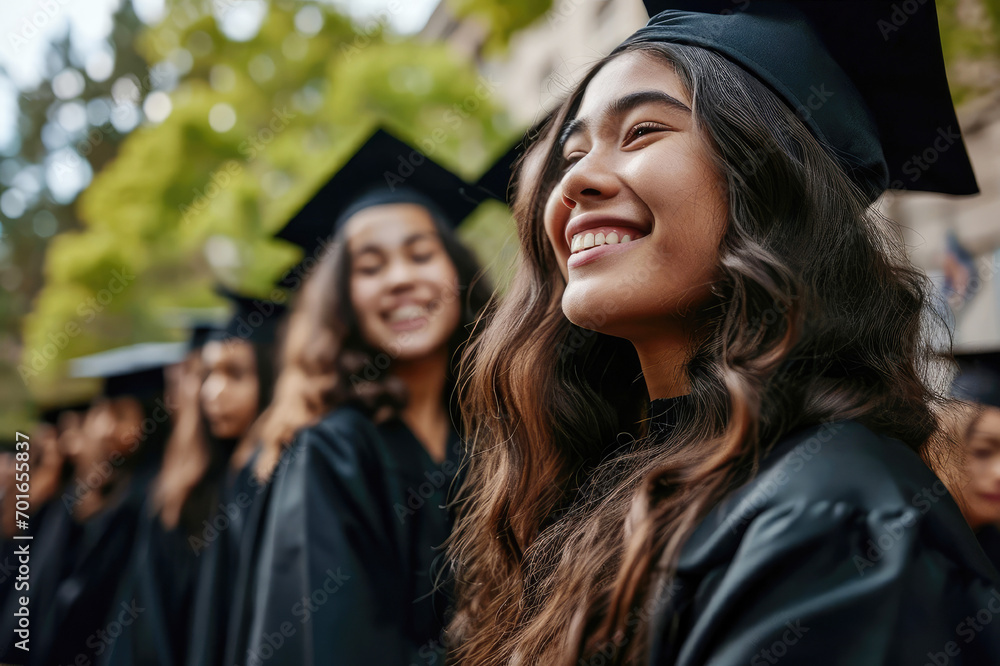 © Александр Довянский - Happy Asian university graduate wearing black gown outdoors