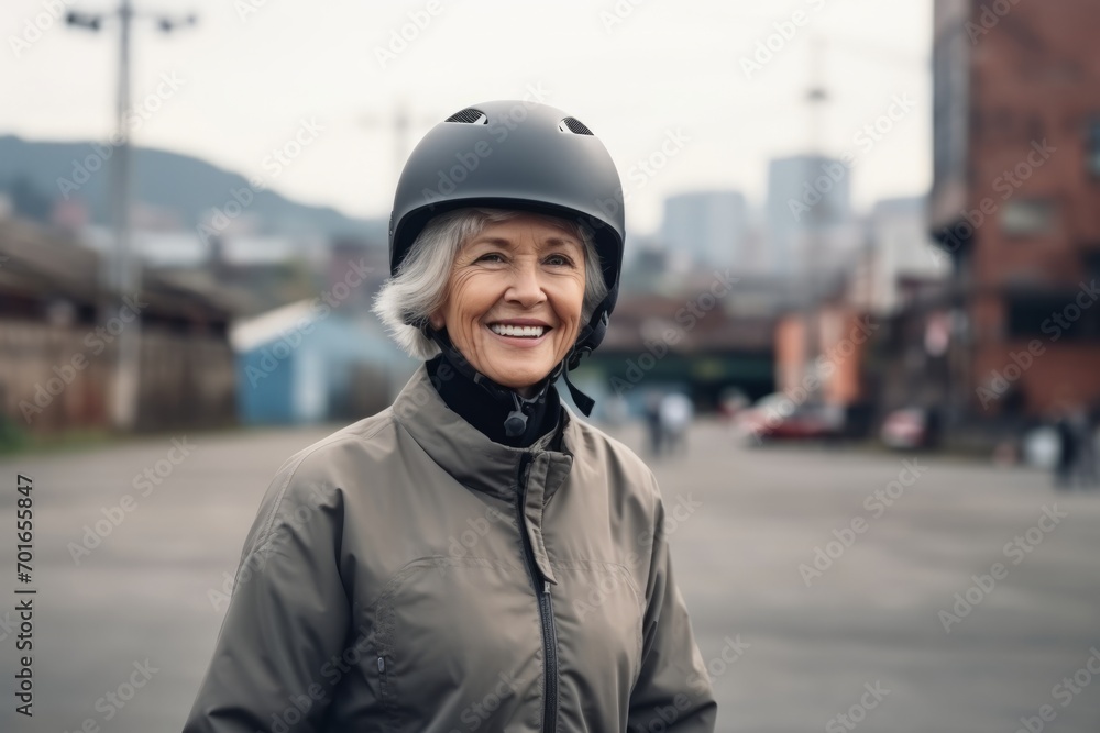 Portrait of a happy senior woman wearing helmet in the city.