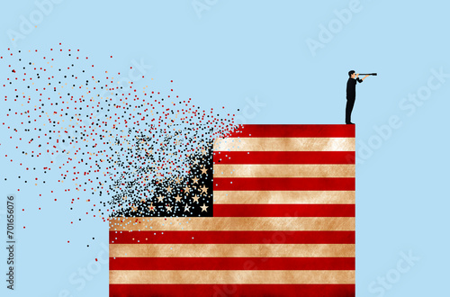 Man standing on destructing American flag and looking through telescope against blue background photo